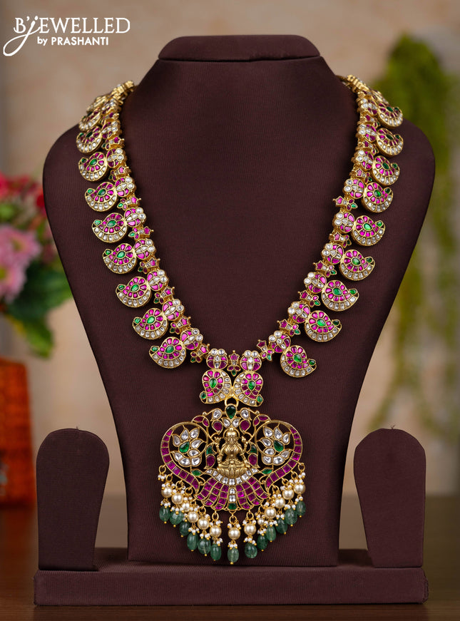 Jadau haaram lakshmi & manga pattern with kemp jadau kundan stones and pearl & green beads hangings