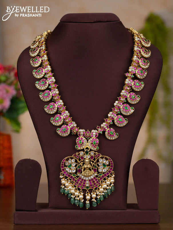 Jadau haaram lakshmi & manga pattern with kemp jadau kundan stones and pearl & green beads hangings