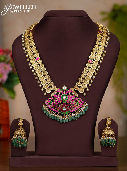 Jadau haaram lakshmi kasu design with kemp jadau kundan stones and pearl & green beads hangings