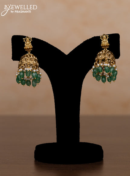 Jadau haaram lakshmi kasu design with kemp jadau kundan stones and pearl & green beads hangings