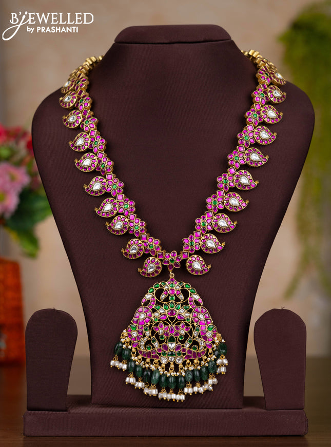 Jadau haaram manga pattern with kemp jadau kundan stones and pearl & green beads hangings