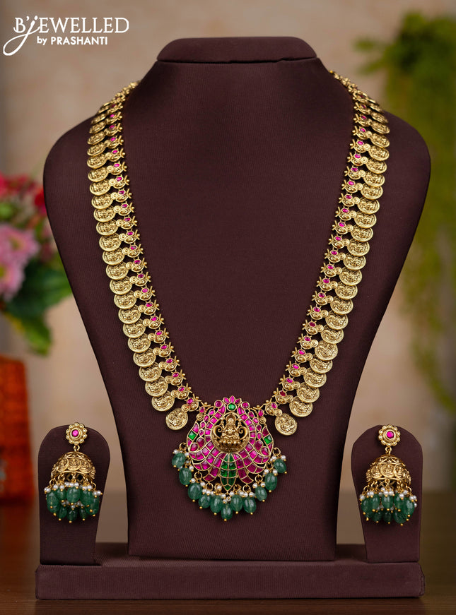 Jadau haaram lakshmi kasu design with kemp jadau kundan stones and pearl & green beads hangings
