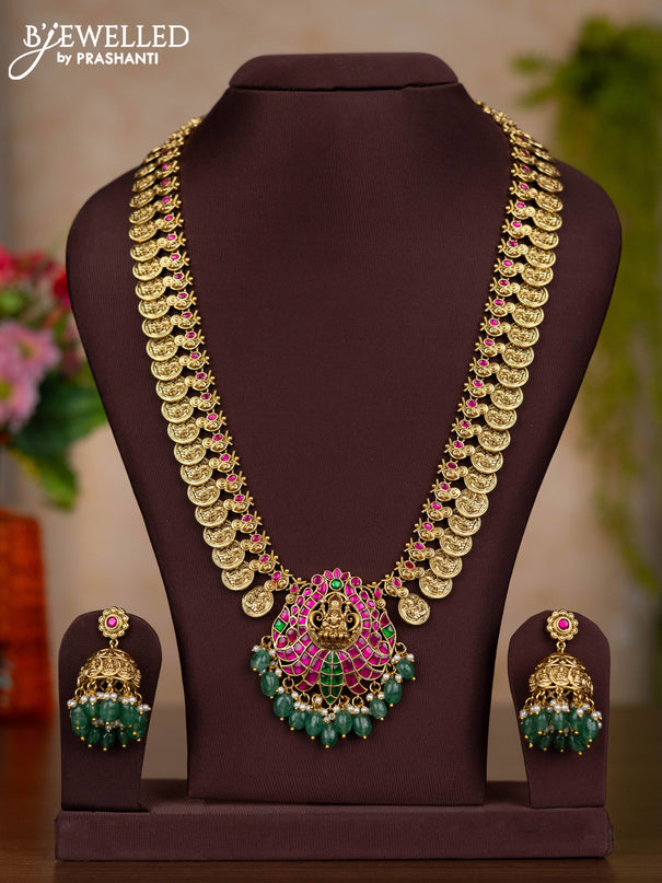 Jadau haaram lakshmi kasu design with kemp jadau kundan stones and pearl & green beads hangings