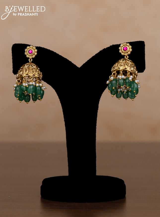 Jadau haaram lakshmi kasu design with kemp jadau kundan stones and pearl & green beads hangings