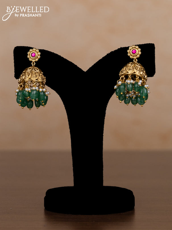 Jadau haaram lakshmi kasu design with kemp jadau kundan stones and pearl & green beads hangings