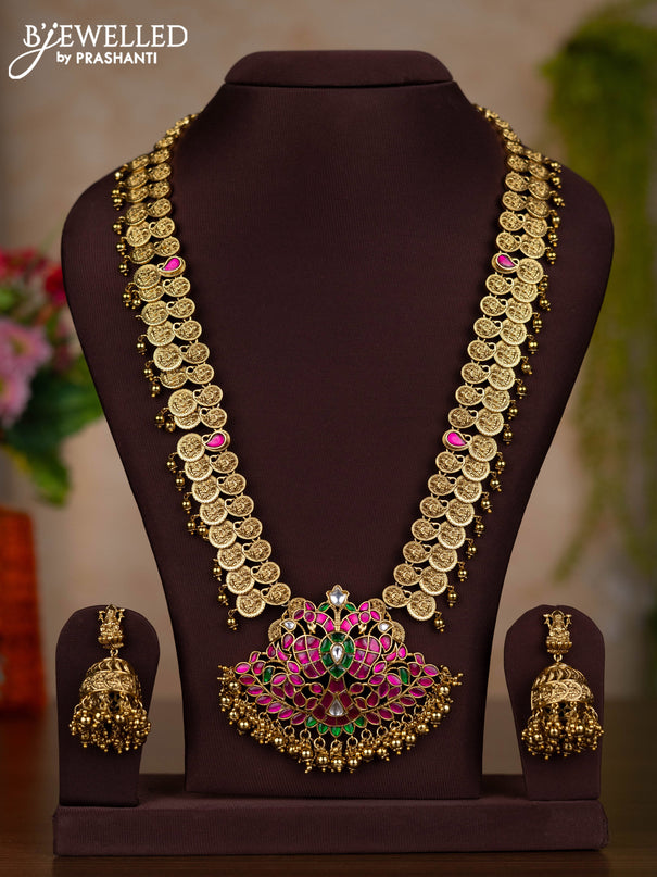 Jadau haaram lakshmi kasu design with kemp jadau kundan stones and pearl & golden beads hangings