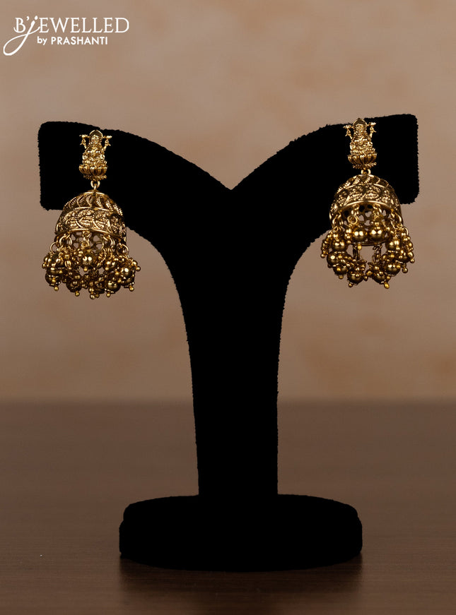 Jadau haaram lakshmi kasu design with kemp jadau kundan stones and pearl & golden beads hangings