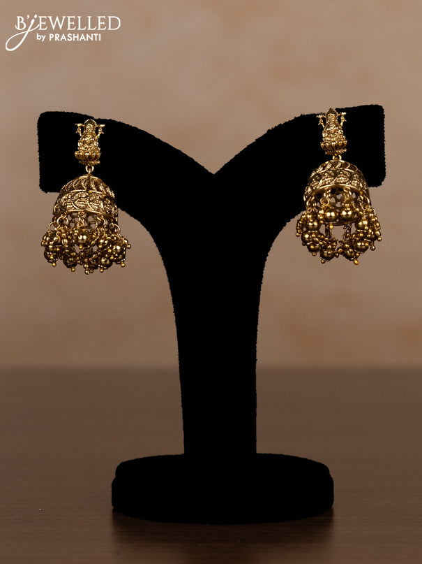Jadau haaram lakshmi kasu design with kemp jadau kundan stones and pearl & golden beads hangings