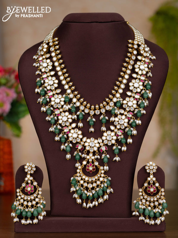 Jadau double layer haaram floral design with pink jadau kundan stones and pearl & green beads hangings