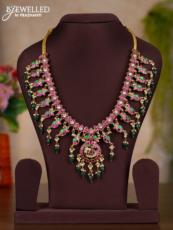 Jadau haaram with kemp jadau kundan stones and pearl & green beads hangings