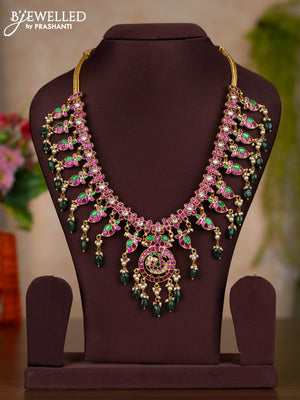 Jadau haaram with kemp jadau kundan stones and pearl & green beads hangings