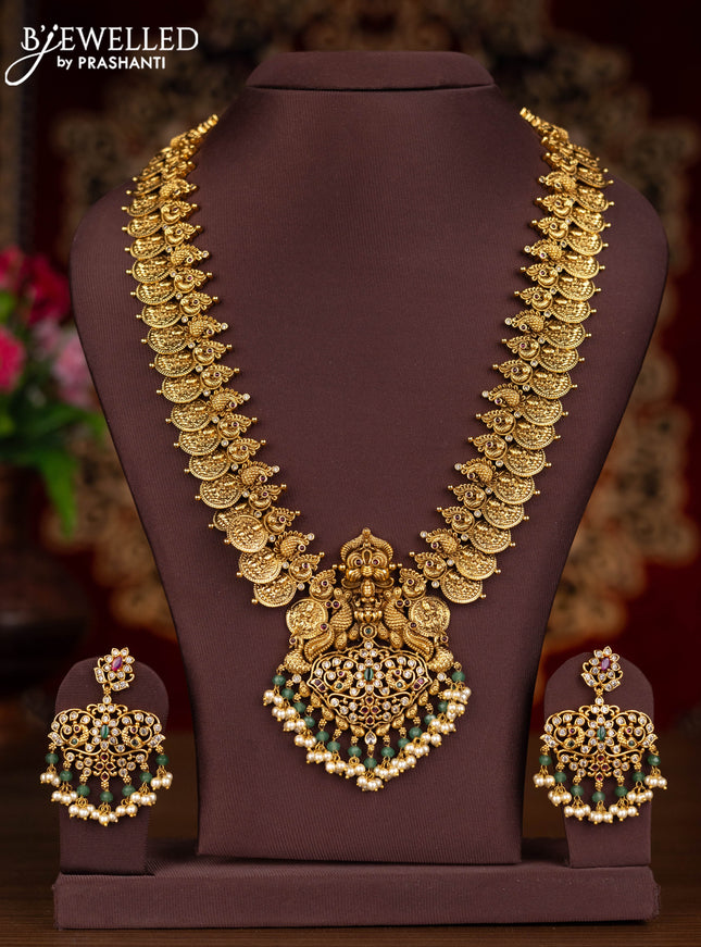 Antique haaram lakshmi kasu design with kemp & cz stones and pearl & mint green beads hangings