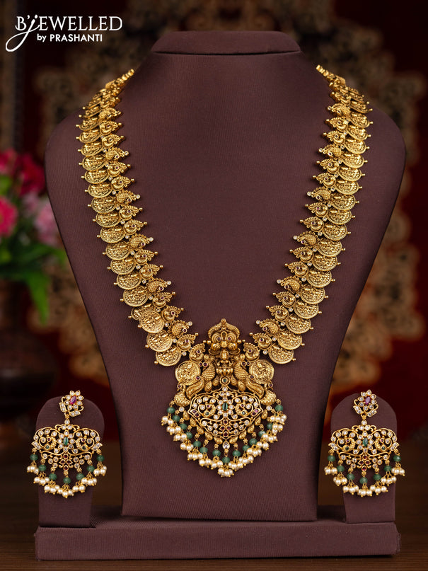 Antique haaram lakshmi kasu design with kemp & cz stones and pearl & mint green beads hangings