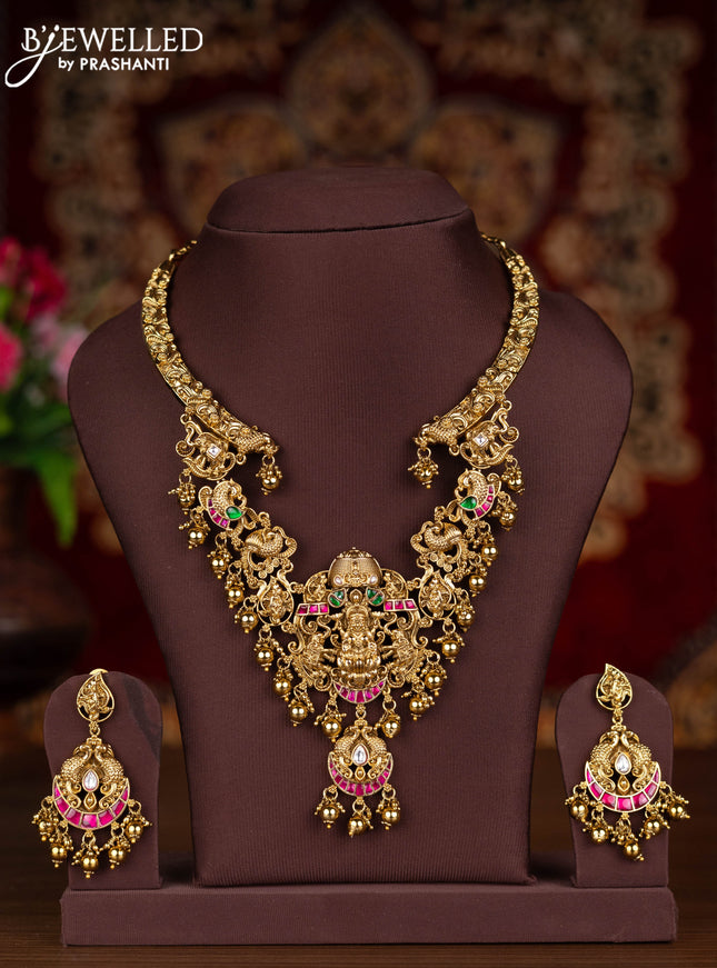 Antique necklace lakshmi design with kemp jadau kundan stones and golden beads hangings