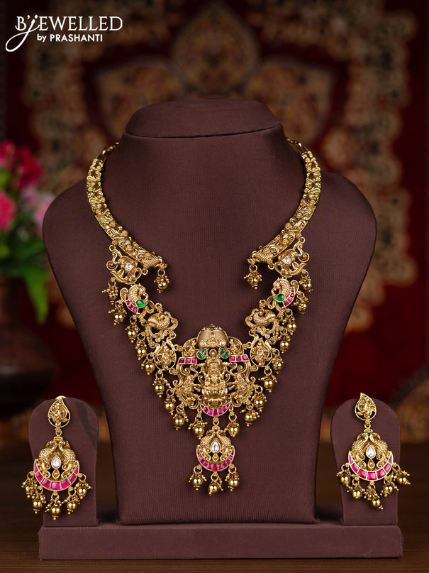 Antique necklace lakshmi design with kemp jadau kundan stones and golden beads hangings