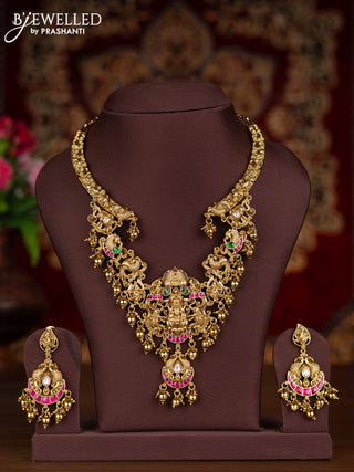 Antique necklace lakshmi design with kemp jadau kundan stones and golden beads hangings