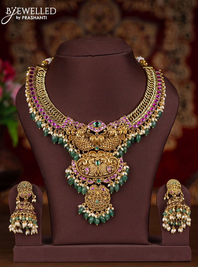 Antique necklace peacock design with kemp stones and pearl & green beads hangings