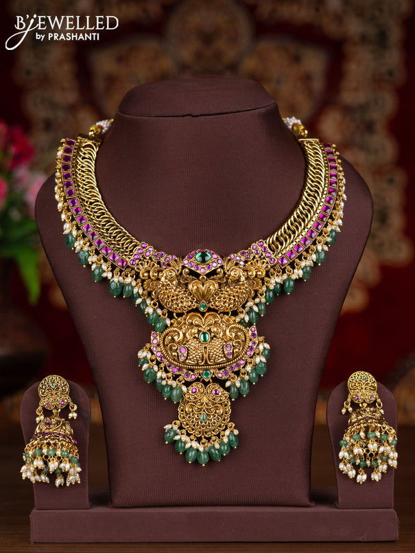 Antique necklace peacock design with kemp stones and pearl & green beads hangings