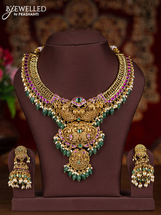 Antique necklace peacock design with kemp stones and pearl & green beads hangings