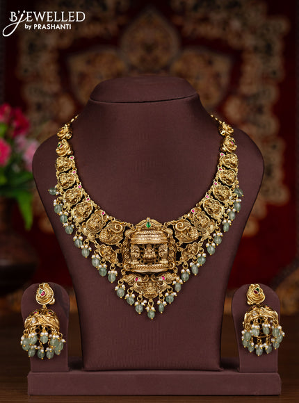 Antique necklace lakshmi design with kemp jadau kundan stones and pearl & mint green beads hangings