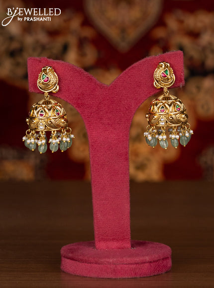 Antique necklace lakshmi design with kemp jadau kundan stones and pearl & mint green beads hangings