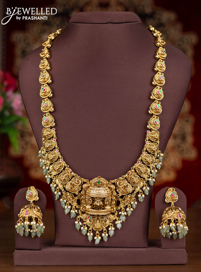Antique haaram 3-D lakshmi design with kemp jadau stones and pearl & mint green beads hangings