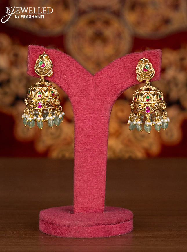 Antique haaram 3-D lakshmi design with kemp jadau stones and pearl & mint green beads hangings