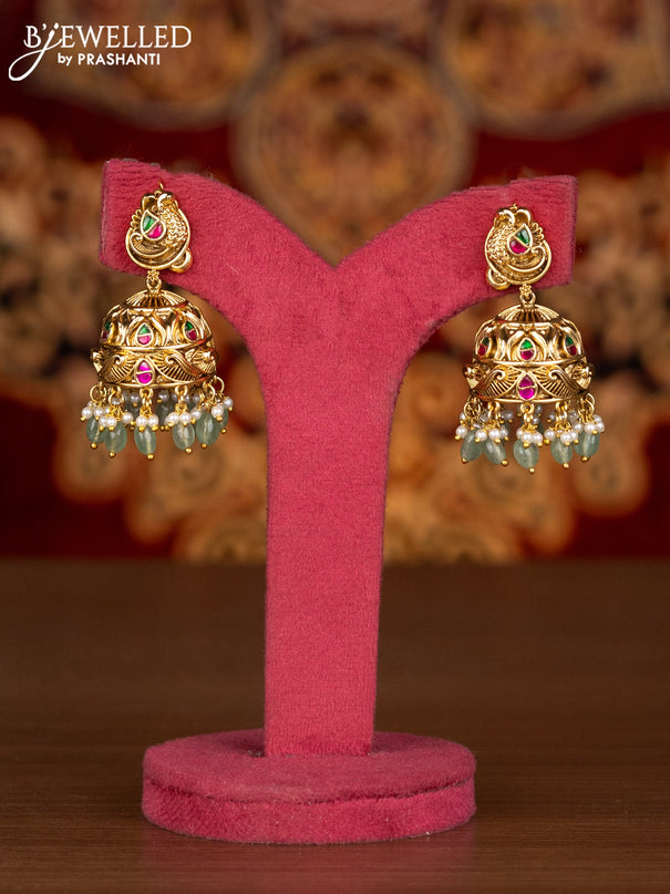 Antique haaram 3-D lakshmi design with kemp jadau stones and pearl & mint green beads hangings