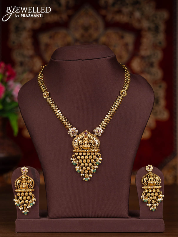 Antique necklace lakshmi design with pink kemp & kundan stones and pearl & mint green beads hangings