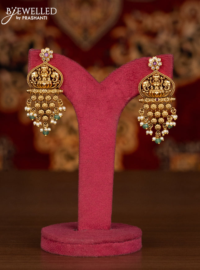 Antique necklace lakshmi design with pink kemp & kundan stones and pearl & mint green beads hangings