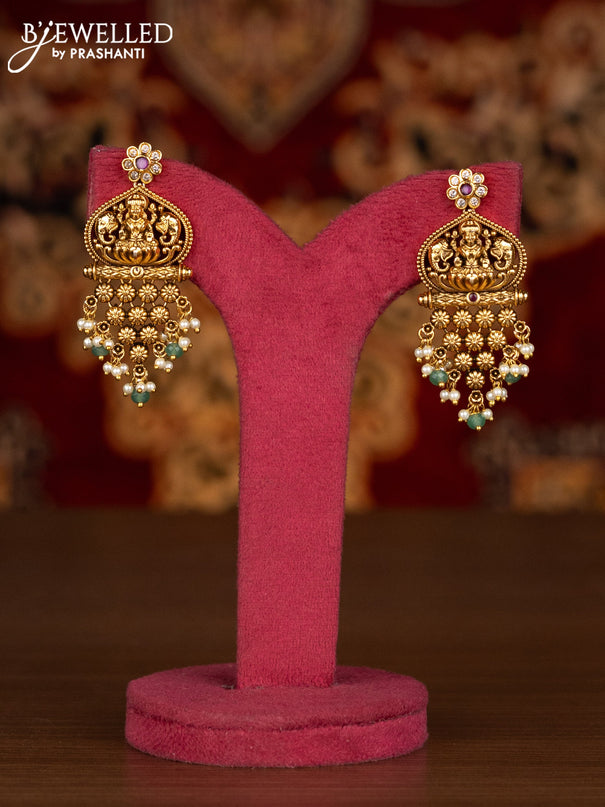 Antique necklace lakshmi design with pink kemp & kundan stones and pearl & mint green beads hangings
