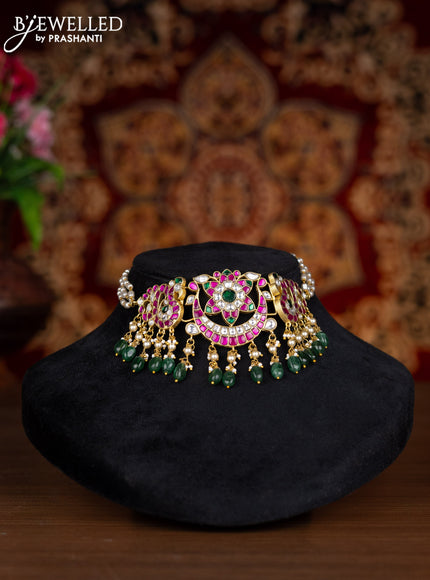 Jadau choker with kemp jadau kundan stones and pearl & mint green beads hangings