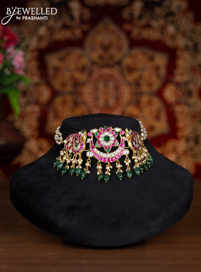 Jadau choker with kemp jadau kundan stones and pearl & mint green beads hangings