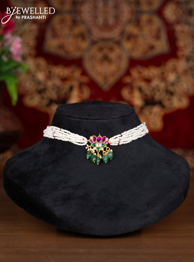 Jadau choker lotus design with kemp jadau kundan stones and pearl & green beads hangings