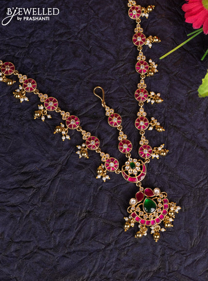 Antique maang tikka with kemp jadau kundan stones & pearl & golden beads hangings