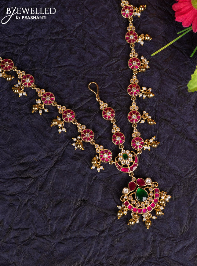 Antique maang tikka with kemp jadau kundan stones & pearl & golden beads hangings