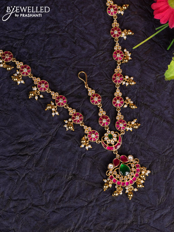 Antique maang tikka with kemp jadau kundan stones & pearl & golden beads hangings
