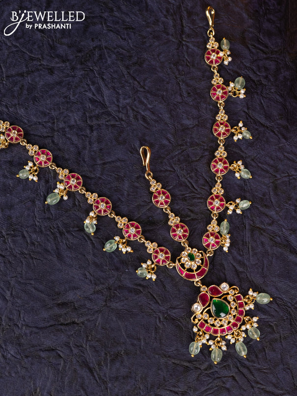 Antique maang tikka with kemp jadau kundan stones & pearl & mint green beads hangings