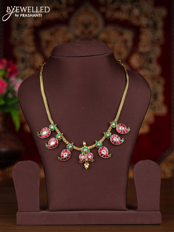 Jadau attigai necklace manga pattern with kemp jadau kundan stones and pearl hanging without earrings