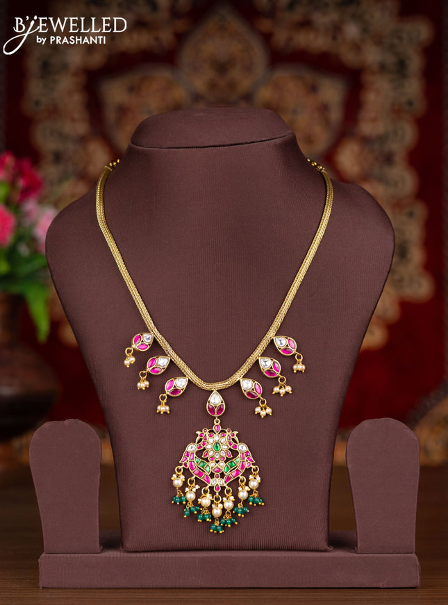 Jadau attigai necklace with kemp jadau kundan stones and pearl hangings without earrings