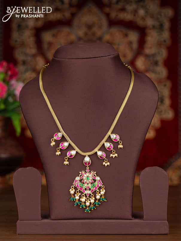 Jadau attigai necklace with kemp jadau kundan stones and pearl hangings without earrings
