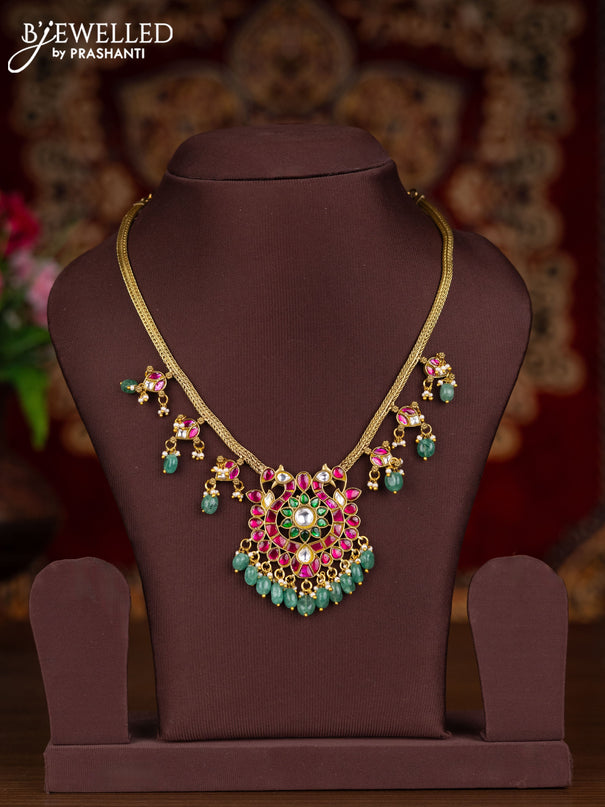 Jadau attigai necklace with kemp jadau kundan stones and pearl & mint green beads hangings without earrings