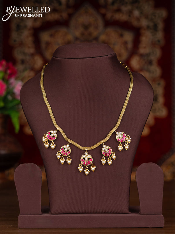 Jadau attigai necklace chandbali design with pink jadau kundan stones and pearl hangings without earrings