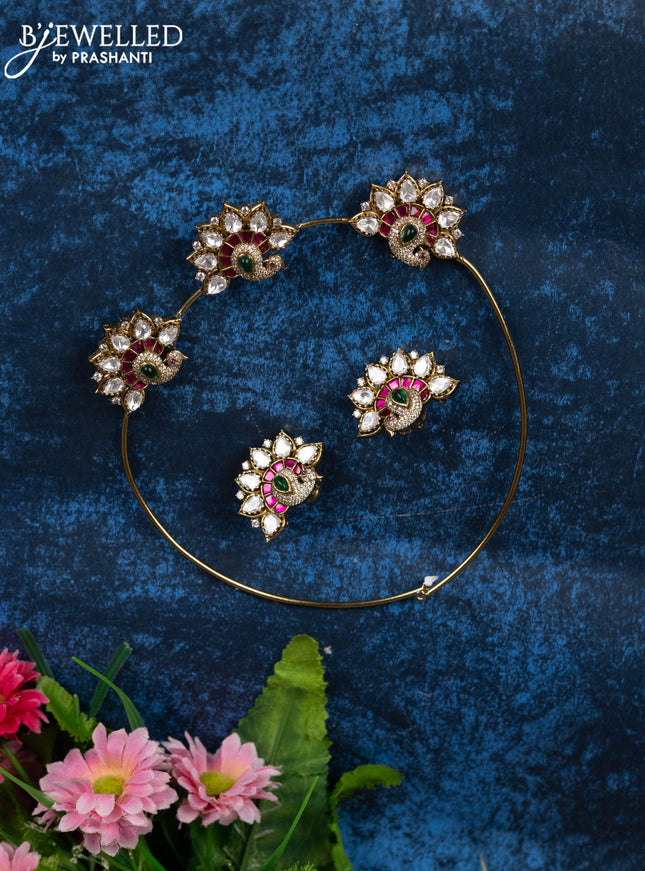 Ring type choker peacock design with kemp jadau kundan and cz stones