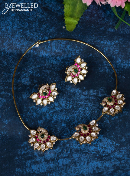 Ring type choker peacock design with kemp jadau kundan and cz stones