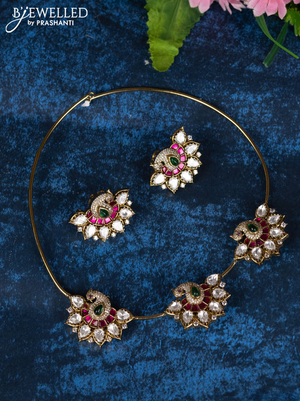 Ring type choker peacock design with kemp jadau kundan and cz stones