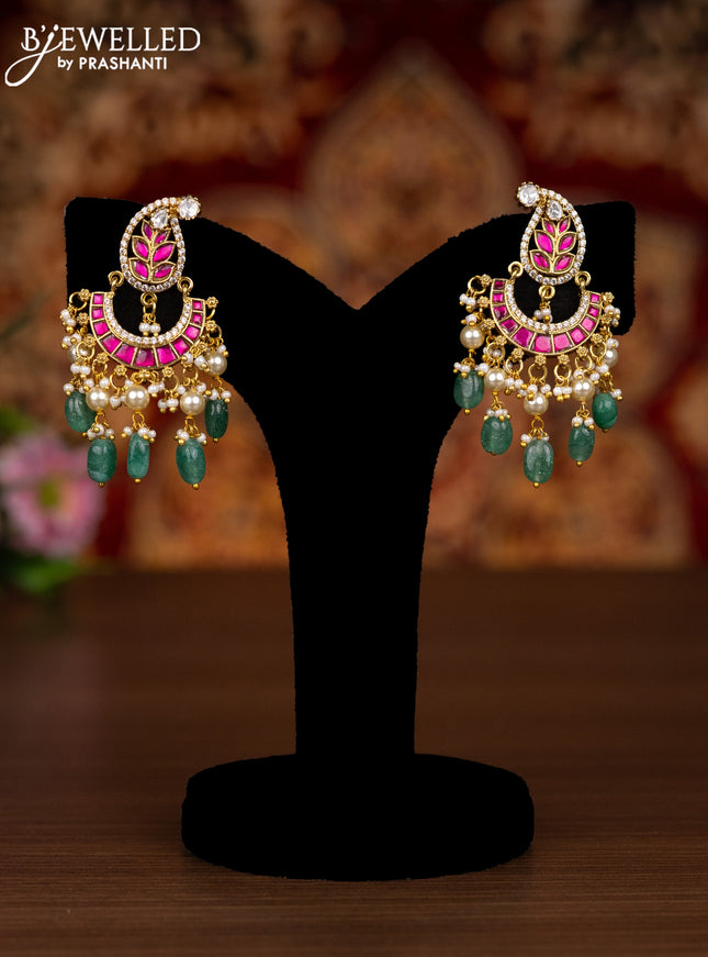 Jadau earrings manga pattern with pink jadau kundan stones and pearl & mint green beads hangings