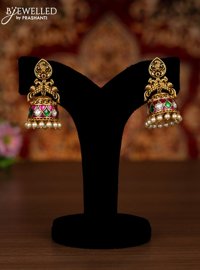 Antique jhumkas peacock design with kemp jadau kundan stones and pearl hangings