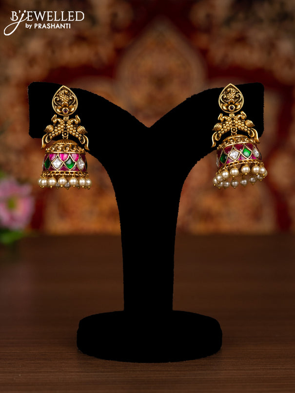 Antique jhumkas peacock design with kemp jadau kundan stones and pearl hangings