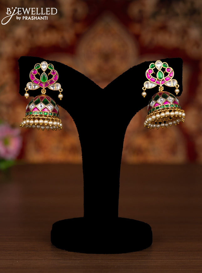 Antique jhumkas with kemp jadau kundan stones and pearl hangings